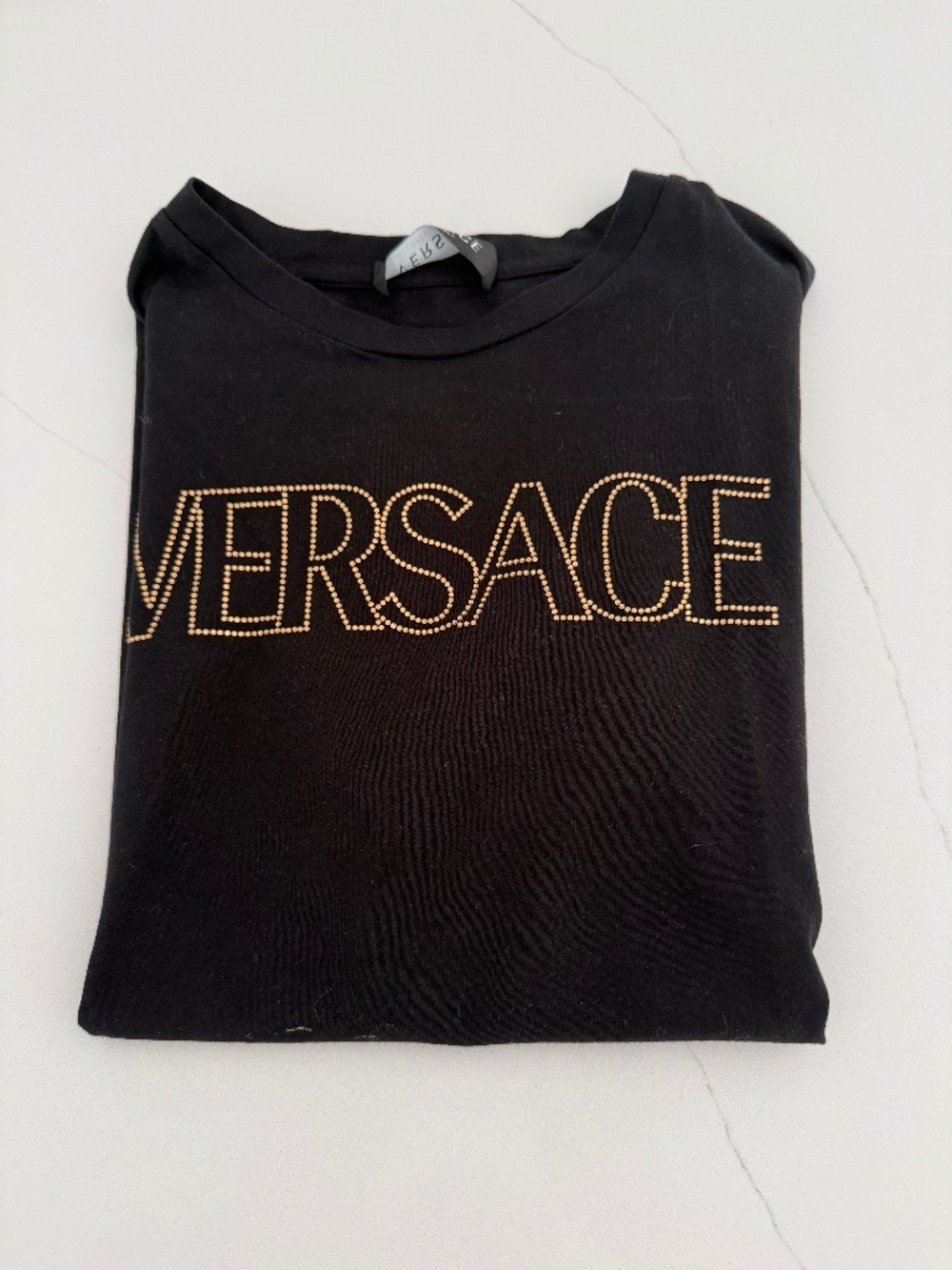 Versace Girls Black Short Sleeve Designer Logo Tee Shirt Gold Rhinestone Sz 14